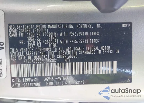 2015 Toyota Venza Le из США, поврежденный, VIN 4T3BA3BB8FU065382